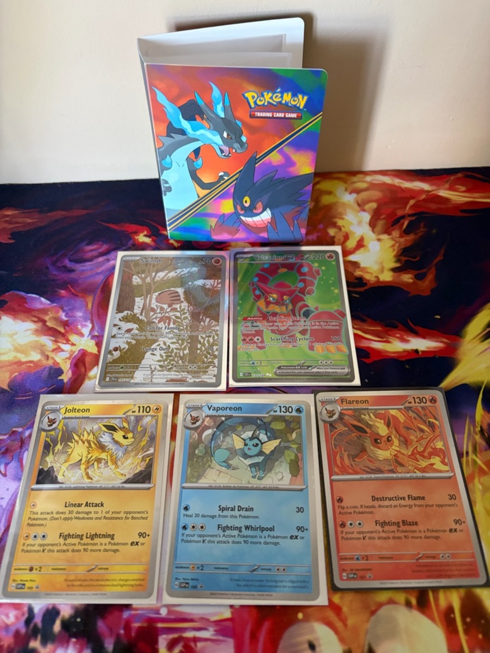 Pokémon Card Binder + Eeveelution Cards, Swinub, and Volcanion